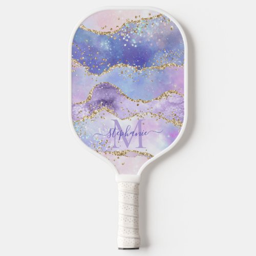 Blue Watercolor Gold Glitter Agate Personalized Pickleball Paddle