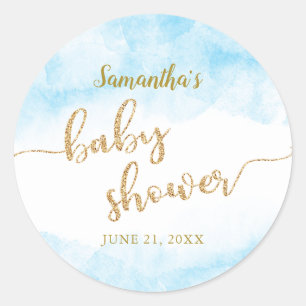Blue Watercolor Gold Glitter Boy Baby Shower Classic Round Sticker