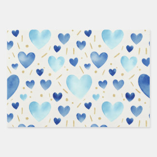 Blue Watercolor & Gold Glitter Hearts Wrapping Paper Sheets