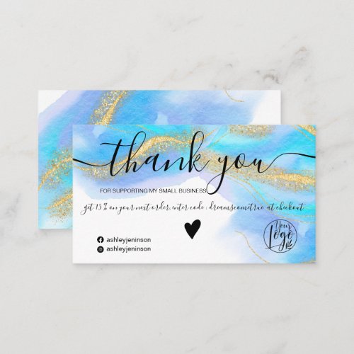 Blue watercolor gold glitter logo order thank you business card