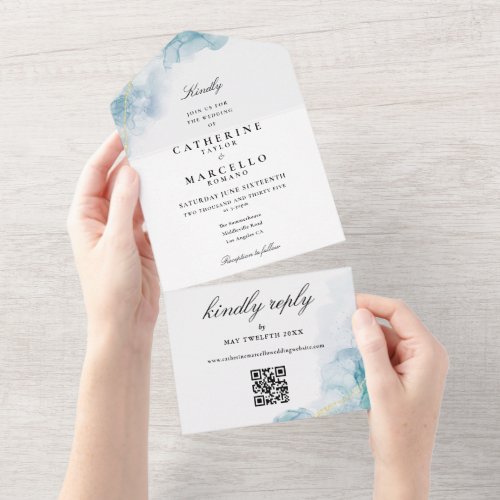 Blue Watercolor Gold Glitter QR Code Wedding All In One Invitation