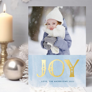 Blue Watercolor GOLD JOY Christmas Photo Foil Holiday Card