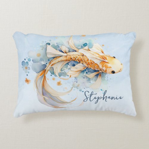 Blue Watercolor Gold Koi Fish Personalized Accent Pillow