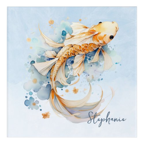 Blue Watercolor Gold Koi Fish Personalized Acrylic Print
