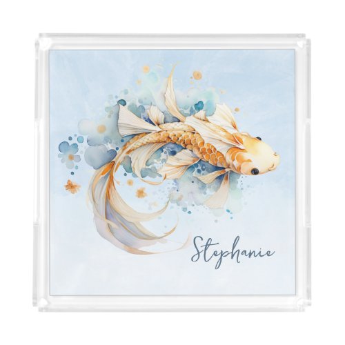 Blue Watercolor Gold Koi Fish Personalized Acrylic Tray