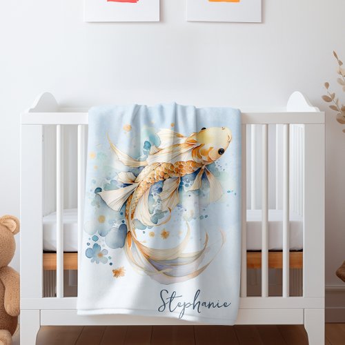 Blue Watercolor Gold Koi Fish Personalized Baby Blanket