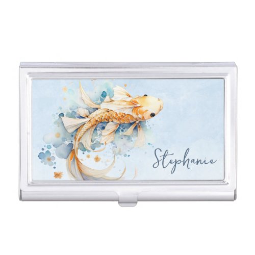 Blue Watercolor Gold Koi Fish Personalized Business Card Case