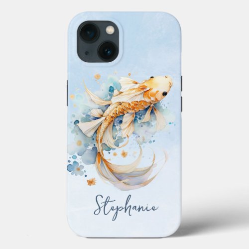 Blue Watercolor Gold Koi Fish Personalized iPhone 13 Case