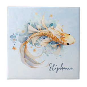 Blue Watercolor Gold Koi Fish Personalized Ceramic Tile