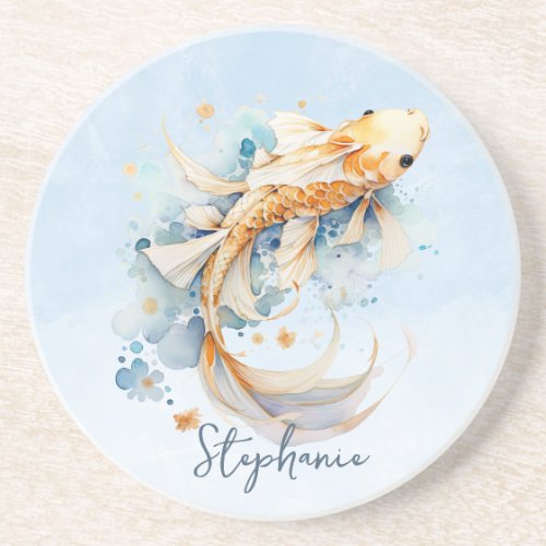 Blue Watercolor Gold Koi Fish Personalized Coaster
