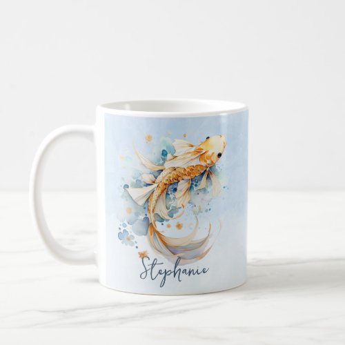 Blue Watercolor Gold Koi Fish Personalized Coffee Mug