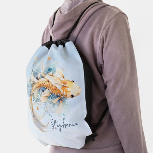 Blue Watercolor Gold Koi Fish Personalized Drawstring Bag