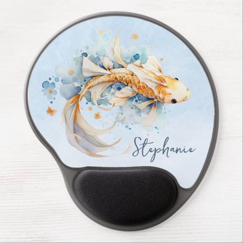 Blue Watercolor Gold Koi Fish Personalized Gel Mouse Pad