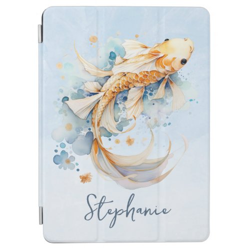 Blue Watercolor Gold Koi Fish Personalized iPad Air Cover