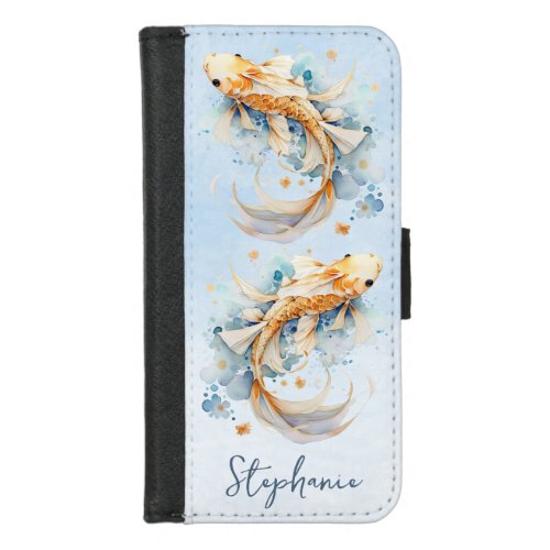 Blue Watercolor Gold Koi Fish Personalized iPhone 87 Wallet Case