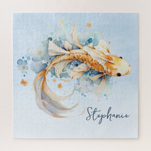 Blue Watercolor Gold Koi Fish Personalized Jigsaw Puzzle