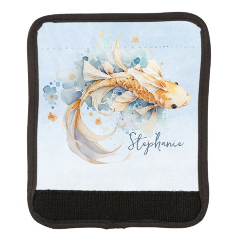 Blue Watercolor Gold Koi Fish Personalized Luggage Handle Wrap