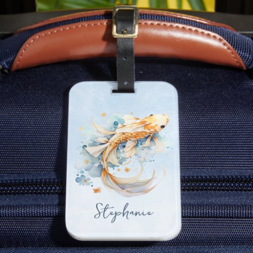 Blue Watercolor Gold Koi Fish Personalized Luggage Tag
