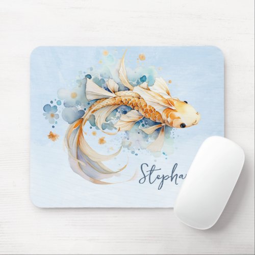 Blue Watercolor Gold Koi Fish Personalized Mouse Pad