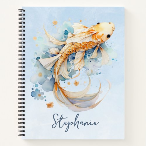 Blue Watercolor Gold Koi Fish Personalized Notebook