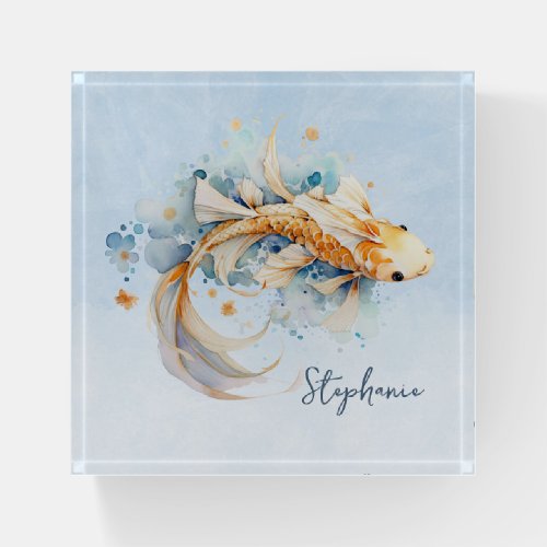 Blue Watercolor Gold Koi Fish Personalized Paperweight