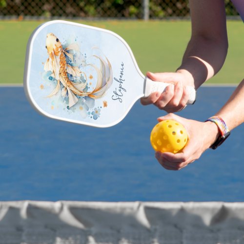 Blue Watercolor Gold Koi Fish Personalized Pickleball Paddle