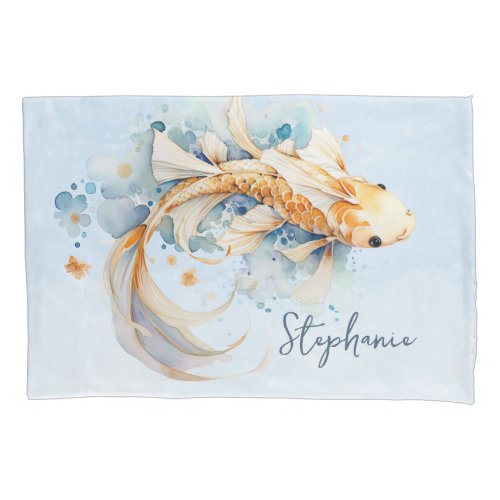 Blue Watercolor Gold Koi Fish Personalized Pillow Case