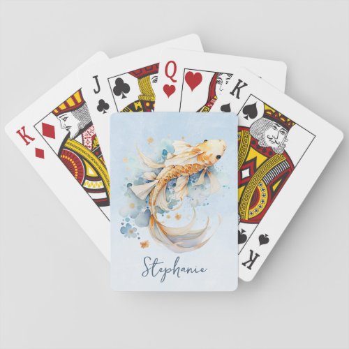 Blue Watercolor Gold Koi Fish Personalized Playing Cards
