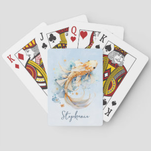 Blue Watercolor Gold Koi Fish Personalized Poker Cards