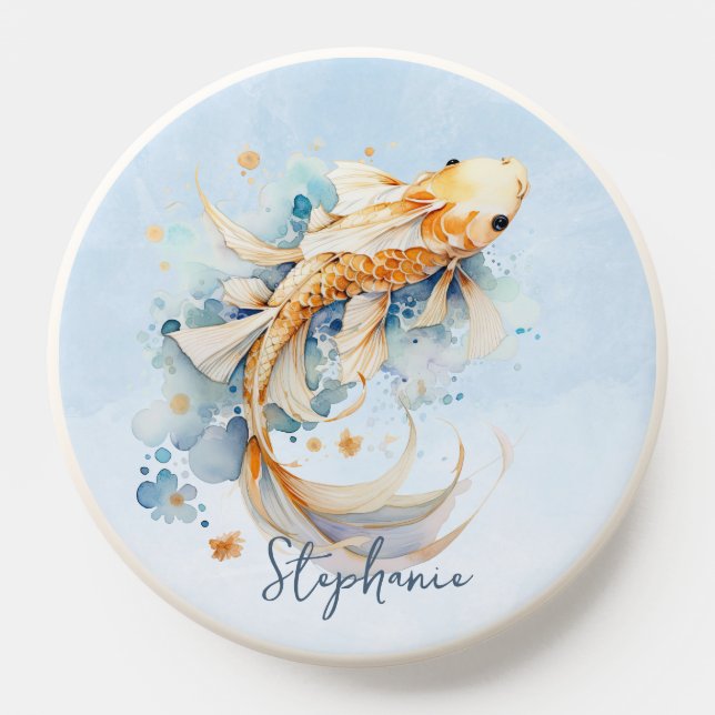 Blue Watercolor Gold Koi Fish Personalized PopSocket (Popsocket)
