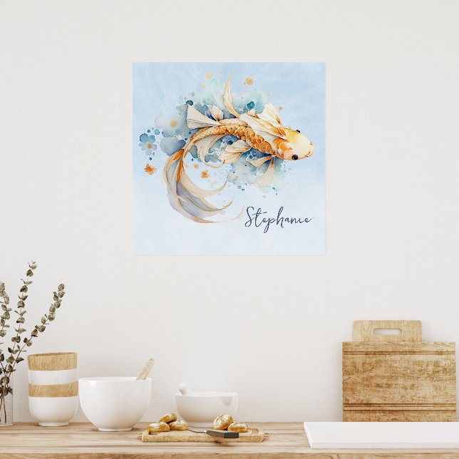 Blue Watercolor Gold Koi Fish Personalized Poster (Kitchen)
