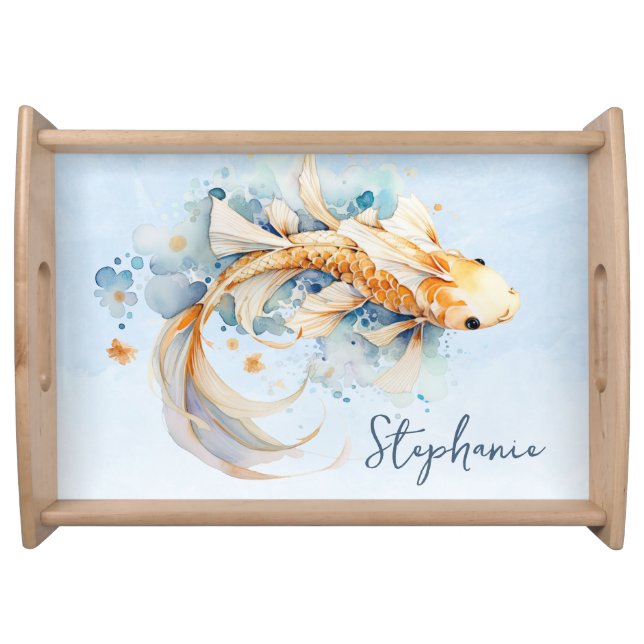 Blue Watercolor Gold Koi Fish Personalized Serving Tray (Front)