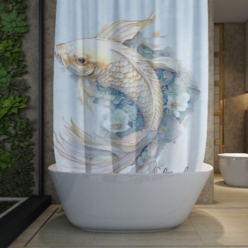 Blue Watercolor Gold Koi Fish Personalized Shower Curtain