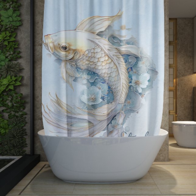 Blue Watercolor Gold Koi Fish Personalized Shower Curtain (Blue Watercolor Gold Koi Fish Personalized Shower Curtain)