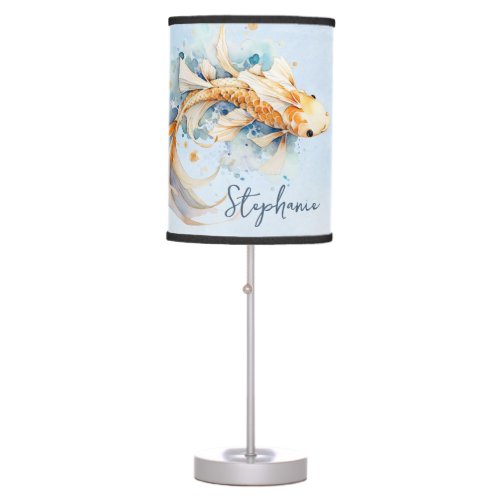 Blue Watercolor Gold Koi Fish Personalized Table Lamp