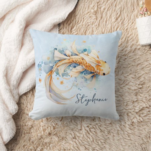Blue Watercolor Gold Koi Fish Personalized Throw Pillow