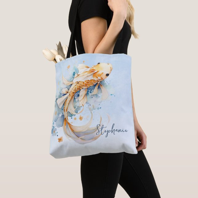 Blue Watercolor Gold Koi Fish Personalized Tote Bag (Close Up)
