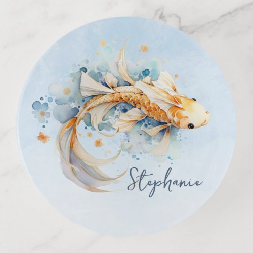 Blue Watercolor Gold Koi Fish Personalized Trinket Tray