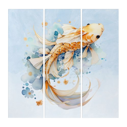 Blue Watercolor Gold Koi Fish Personalized Triptych