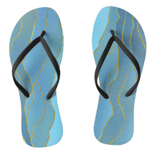 Blue Watercolor Gold Line Abstract Painting Flip F Flops