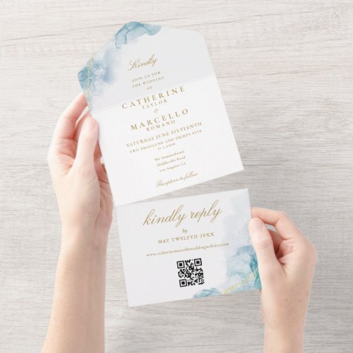 Blue Watercolor Gold Modern QR Code Wedding All In One Invitation