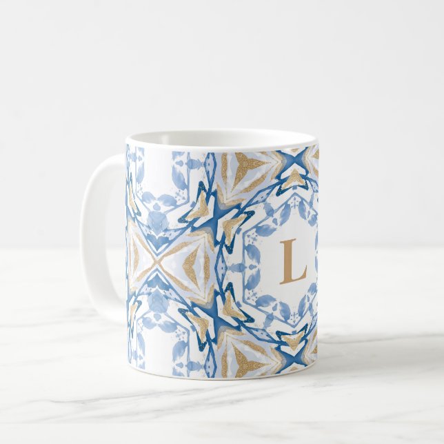Blue Watercolor & Gold Monogram Mug (Front Left)