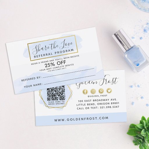Customizable Blue Watercolor &amp; Gold Referral Program QR Code Business Card