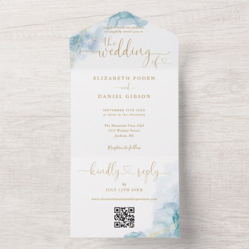 Blue Watercolor Gold Script Hearts QR Code Wedding All In One Invitation