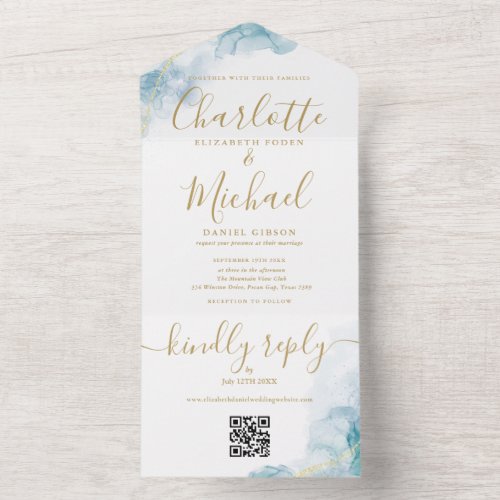 Blue Watercolor Gold Script QR Code Wedding All In One Invitation