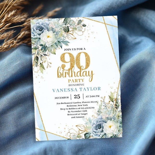 Blue Watercolor Gold Sparkle 90th Birthday Invite (Blue Watercolor Gold Sparkle 90th Birthday Invite)