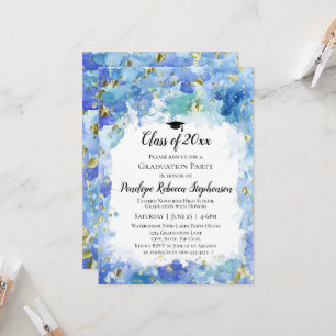Blue Watercolor Gold Splatter Graduation Party Invitation