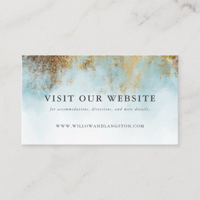 Blue Watercolor Gold Wedding Website Enclosure Card (Front)