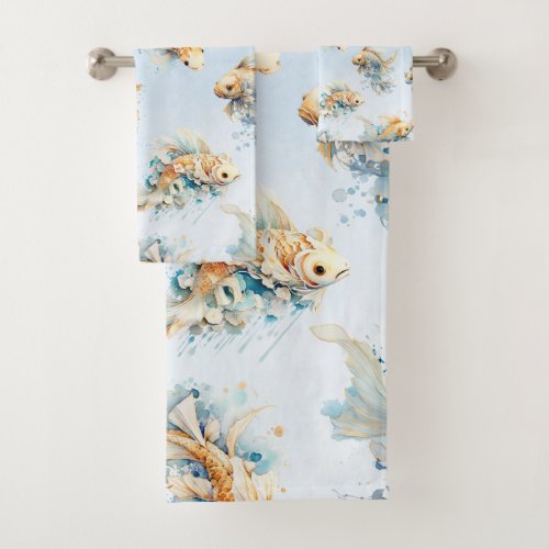 Blue Watercolor Gold White Koi Fish Floral Bath Towel Set