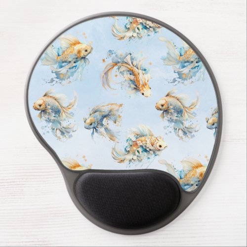 Blue Watercolor Gold White Koi Fish Floral Gel Mouse Pad